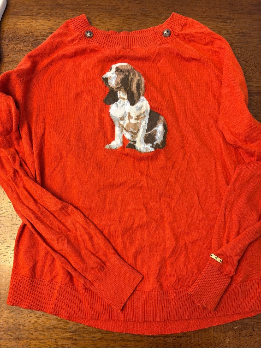 Tommy Hilfiger Orange Sweater with Basset Hound Intarsia size small preppy